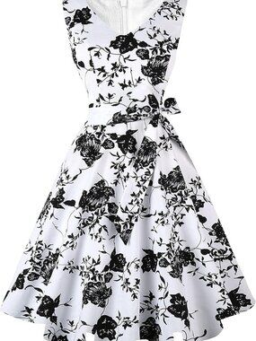 Large White Black Floral Vintage Sleeveless Dress - 50s 60s Retro Style